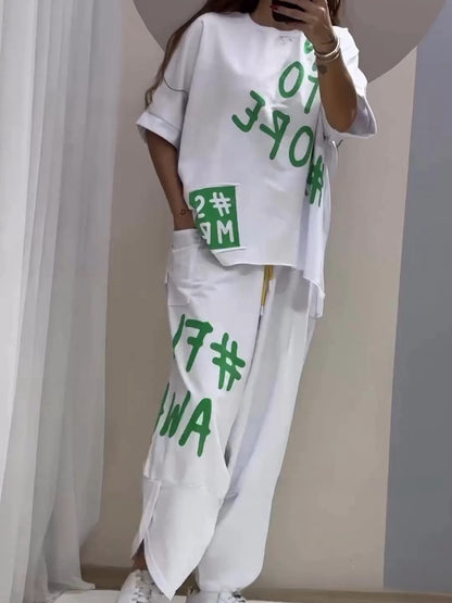Conjunto de dos piezas de top y pantalón de manga corta con cuello redondo y estampado de letras para mujer