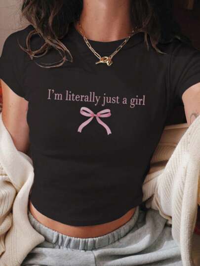 Camiseta informal de manga corta con cuello redondo y estampado para mujer