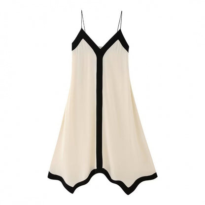 Women Summer Holiday Style Elegant Contrast V-Neck Spaghetti Sling Casual Maxi Dress