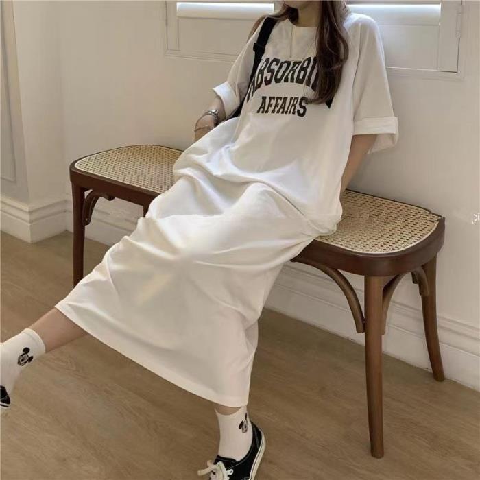 Women Casual Loose Crewneck Alphabet Print Maxi Dress