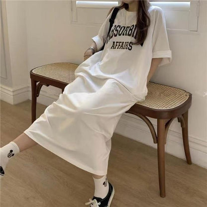 Women Casual Loose Crewneck Alphabet Print Maxi Dress