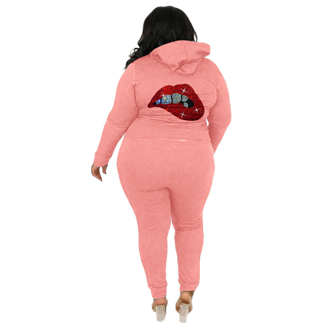 Conjunto informal de dos piezas con top y pantalones de manga larga con estampado de labios y diamantes de imitación para mujer