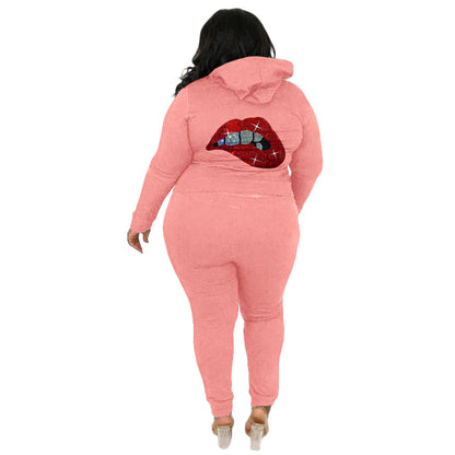 Conjunto informal de dos piezas con top y pantalones de manga larga con estampado de labios y diamantes de imitación para mujer