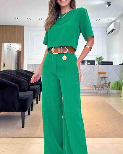 Conjunto de 2 piezas de camiseta corta informal de verano para mujer con manga corta y pantalones anchos de cintura alta