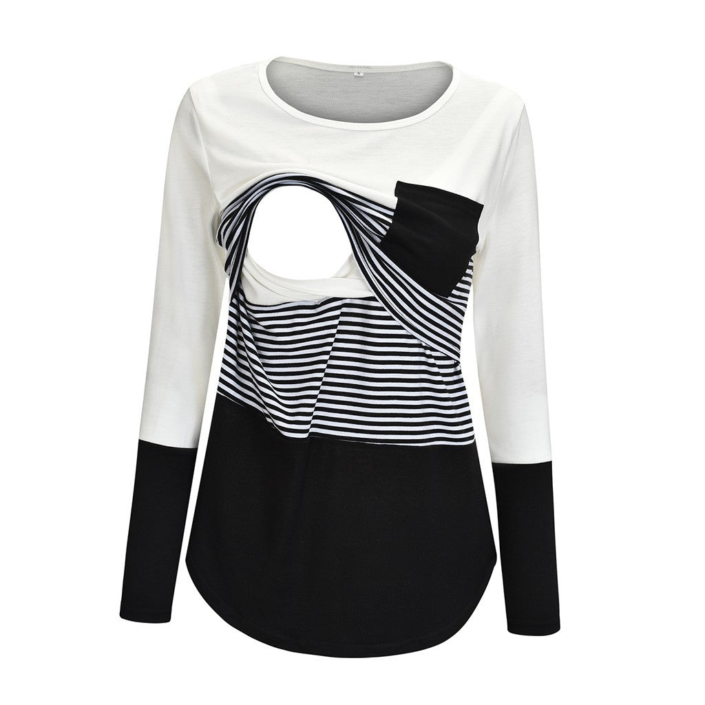 Top de lactancia de manga larga con cuello redondo y estampado de rayas informal de maternidad