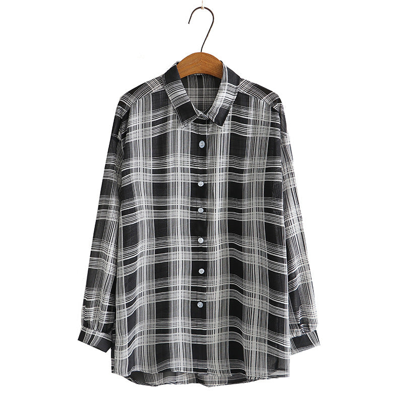 Camisa de gasa de manga larga a cuadros informal de moda de verano para mujer, talla grande