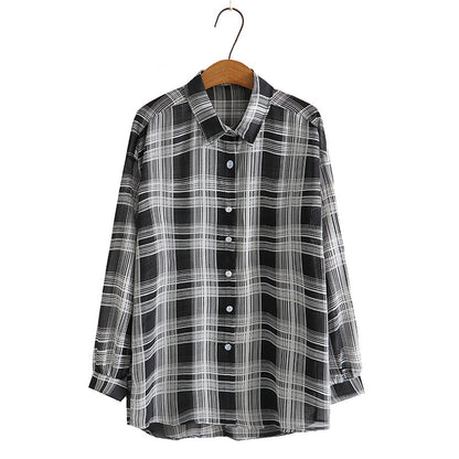 Camisa de gasa de manga larga a cuadros informal de moda de verano para mujer, talla grande