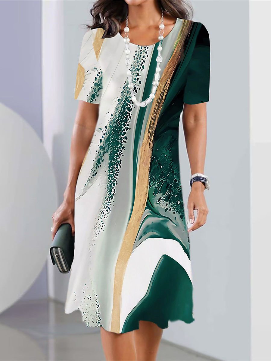 Vestido informal de manga corta con cuello redondo y estampado geométrico para mujer