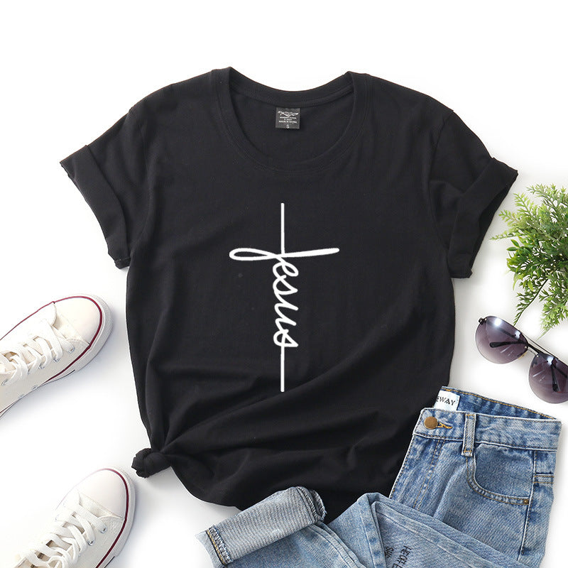 Peace Women Casual Letter Faith Print Short-sleeved Round Neck Loose Colored T-shirt