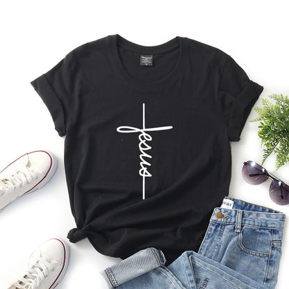 Peace Women Casual Letter Faith Print Short-sleeved Round Neck Loose Colored T-shirt