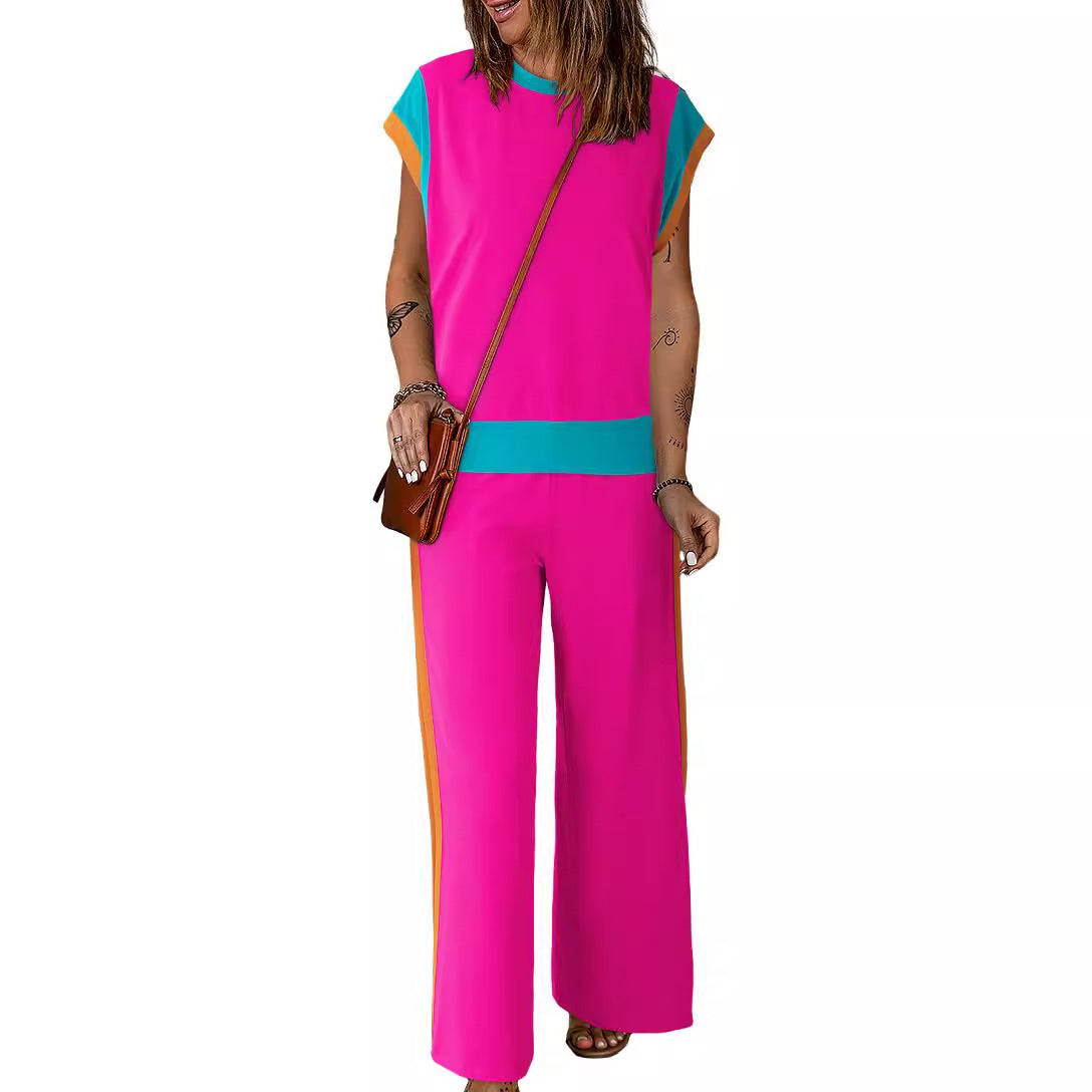 Conjunto de dos piezas de camiseta y pantalones holgados de manga corta con cuello redondo y bloques de color para mujer