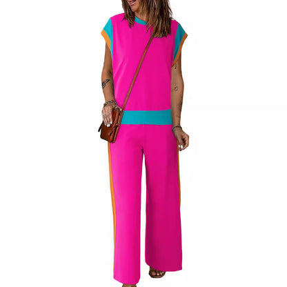 Conjunto de dos piezas de camiseta y pantalones holgados de manga corta con cuello redondo y bloques de color para mujer