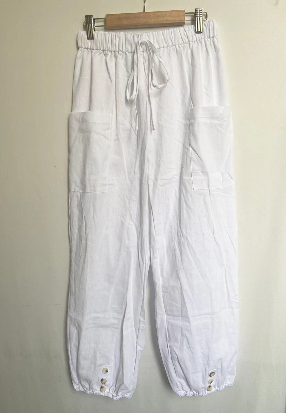 Plus Size Casual Women Loose High Waist Button Cotton Cropped Pants
