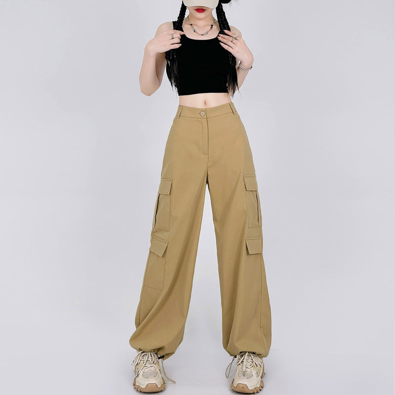 Women Casual Solid Color High Waist Cargo Pants