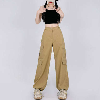 Women Casual Solid Color High Waist Cargo Pants