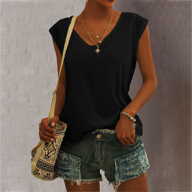 Women Casual Solid Color V Neck Simple Loose Sleeveless Tank Top