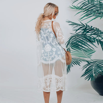 Traje de baño playero informal de malla con encaje bordado de manga larga para mujer