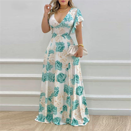 Women Fashion Casual Floral Printing V-Neck Flare Sleeve Dress