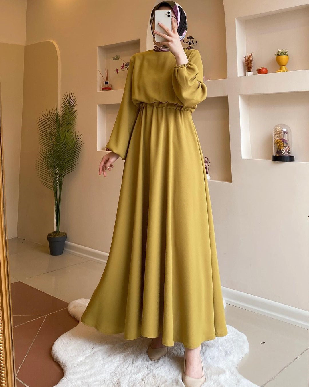 Women Casual Solid Color Abaya Long Sleeve Maxi Dress