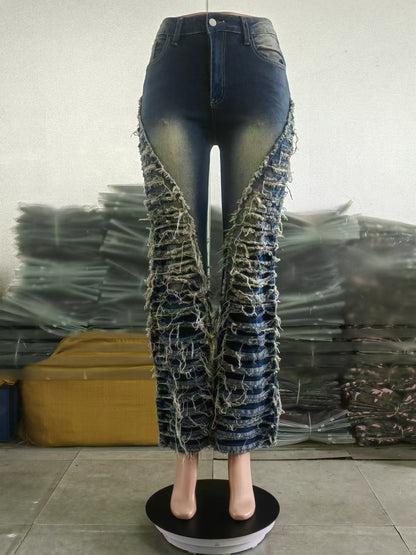 Vaqueros micro con borlas y costuras informales a la moda para mujer