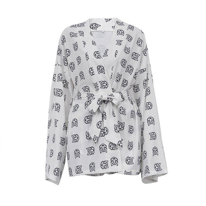 2023 Loose Printed Women'S Casual Lace Up Long Sleeve Pajamas High Waist Shorts Set Homewear