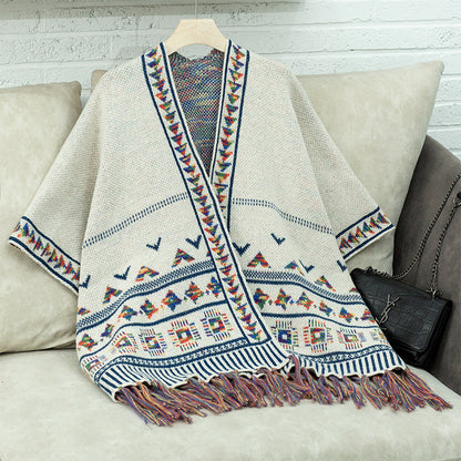 Capa con borlas de jacquard geométrico informal a la moda para mujer, estilo occidental, otoño e invierno