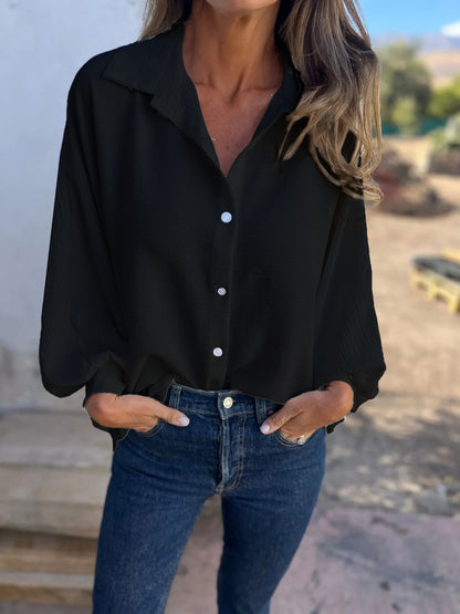 Blusa informal de manga larga con solapa y botonadura sencilla de color liso para mujer