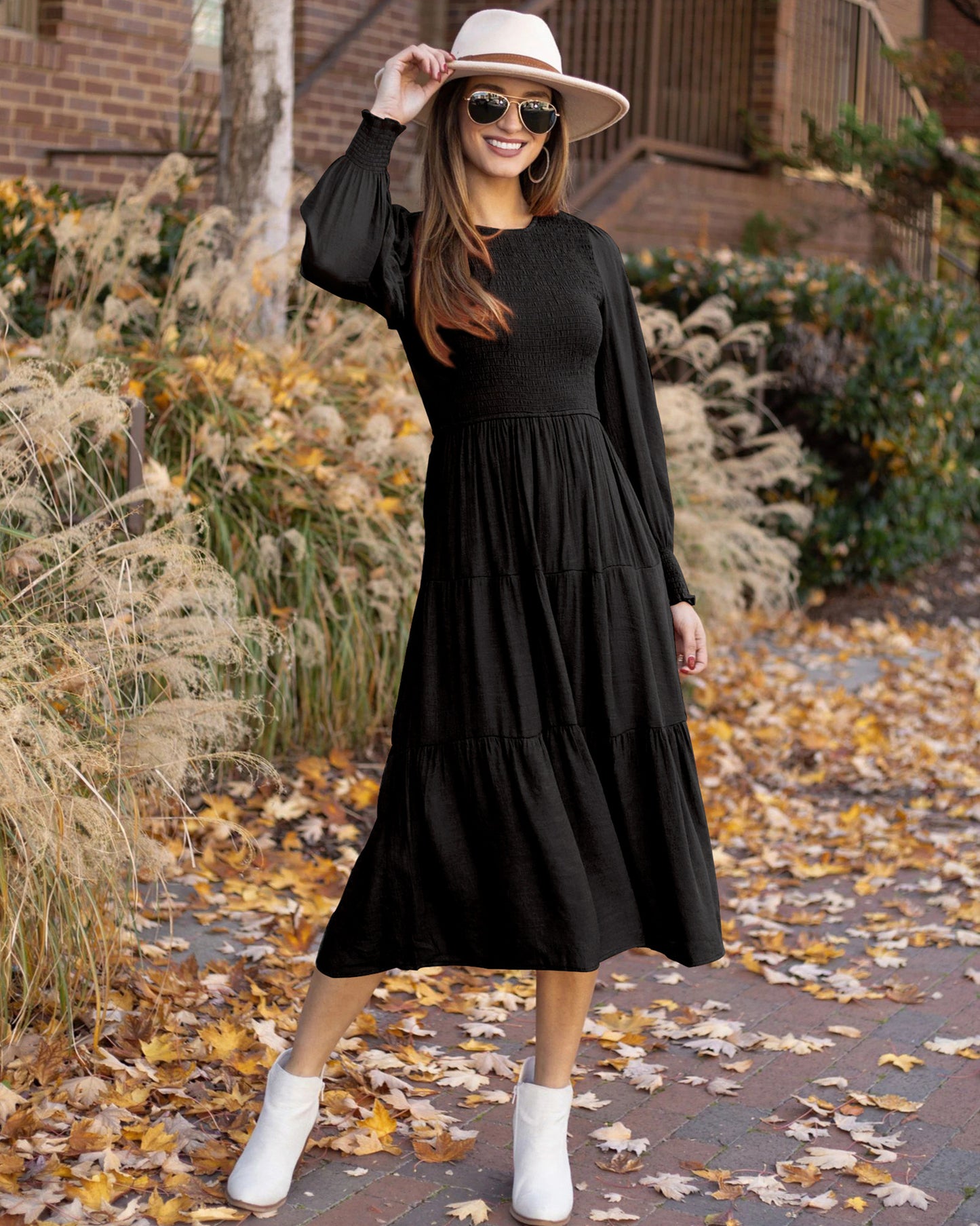 Vestido midi liso con mangas abullonadas y cuello redondo vintage informal para mujer de otoño e invierno