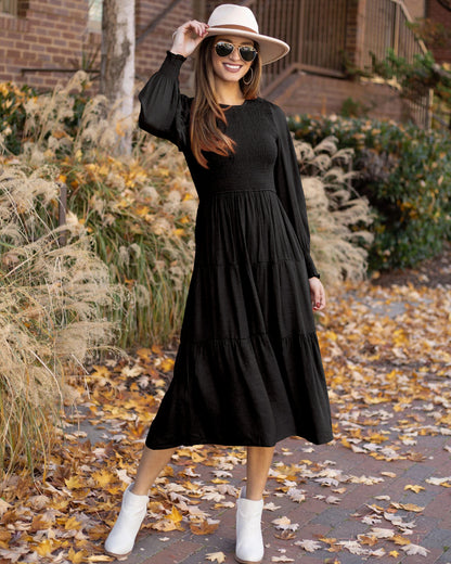 Vestido midi liso con mangas abullonadas y cuello redondo vintage informal para mujer de otoño e invierno