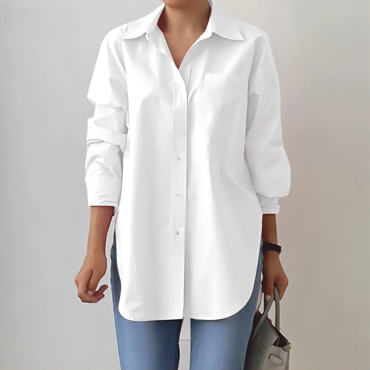 Blusa informal sencilla de color liso con solapa y manga larga para mujer, con botonadura sencilla y abertura