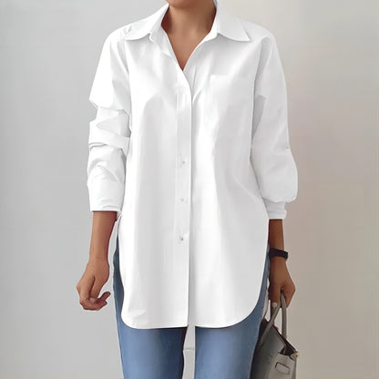 Blusa informal sencilla de color liso con solapa y manga larga para mujer, con botonadura sencilla y abertura