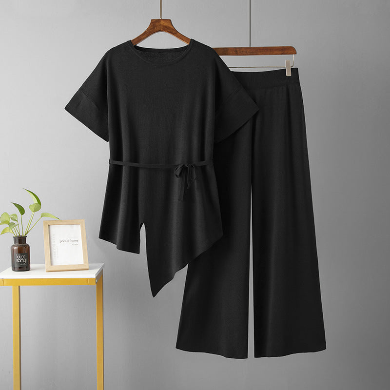 Conjunto de dos piezas de pantalón ancho y top irregular de color liso informal a la moda para mujer