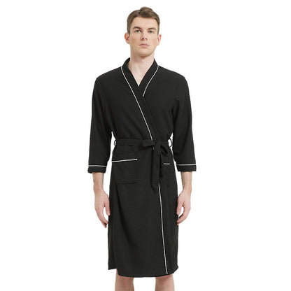 Fashion Casual Contrast Color Waffe Bathrobe Lace-Up Nightgown