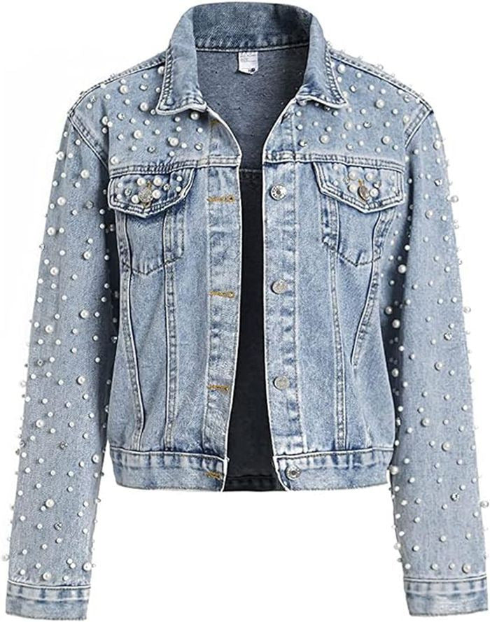 Chaqueta vaquera informal de manga larga con solapa y perlas y diamantes de imitación para mujer