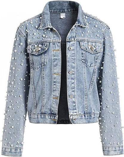 Chaqueta vaquera informal de manga larga con solapa y perlas y diamantes de imitación para mujer