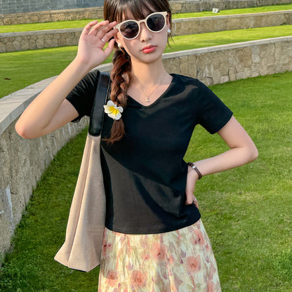 Camiseta informal de verano para mujer, color liso, cuello en V y manga corta