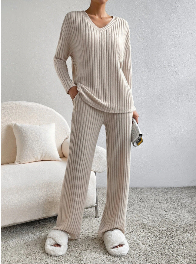 Conjunto de dos piezas de top y pantalones rectos de manga larga de punto con cuello en V informal para mujer