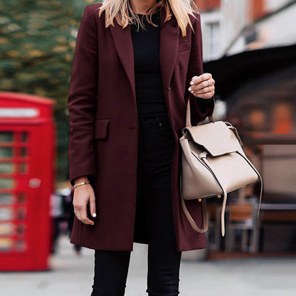 Autumn Winter Women Fashion Casual Solid Color Lapel Long Blazer Jacket