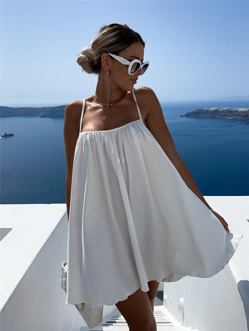 Women'S Fashion Casual Solid Color Round Neck Sleeveless Loose Spaghetti Strap Dress