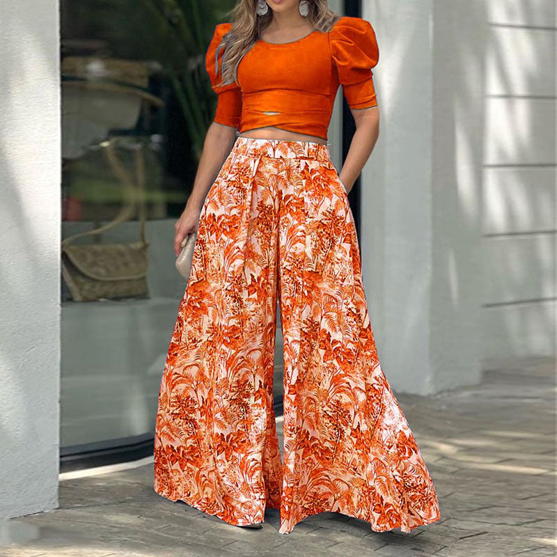Conjunto de top informal con mangas abullonadas y pantalones anchos para mujer