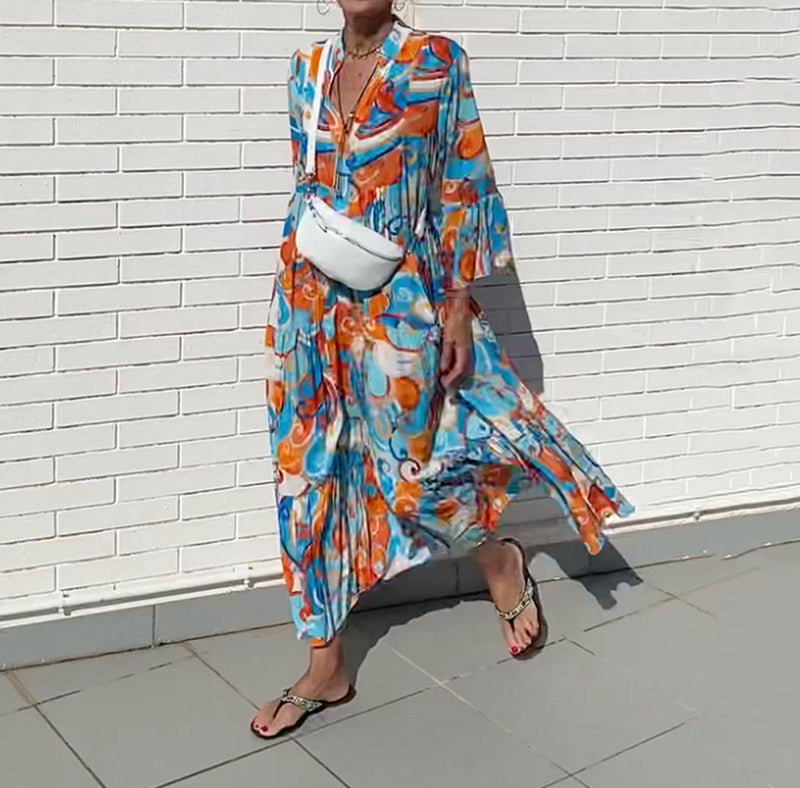 Vestido largo informal de verano para mujer, con escote en V y cintura alta, estampado para vacaciones y playa