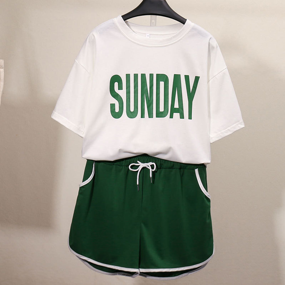 Women Casual Fashion Letter Print Short Sleeves T-shirt And Drawstring Shorts Two Piece Set