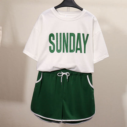Women Casual Fashion Letter Print Short Sleeves T-shirt And Drawstring Shorts Two Piece Set