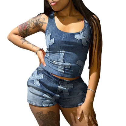 Casual Women Cross Printed Sleeveless Tank Top Tight Shorts Set