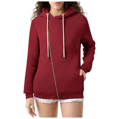 Sudadera con capucha informal de color liso con bolsillos y cremallera para mujer