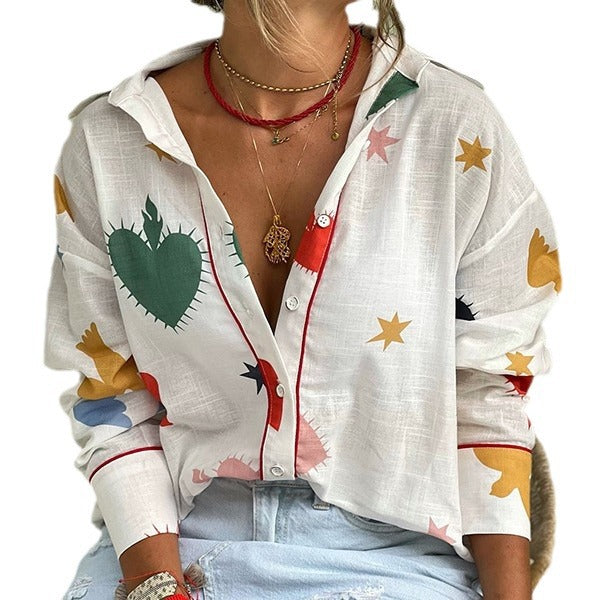 Blusa holgada informal de manga larga con solapa y estampado para mujer