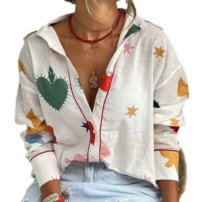 Blusa holgada informal de manga larga con solapa y estampado para mujer