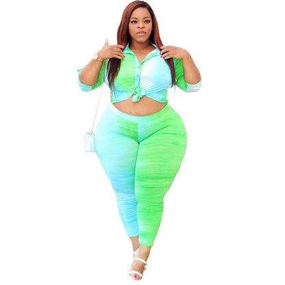 Conjunto de top y pantalón ajustado con solapa de una sola hilera y bloques de color para mujer, talla grande
