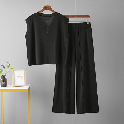 Conjunto de dos piezas para mujer, informal, de color sólido, con escote en V, suelto, sin mangas, de punto, cintura alta, pantalones de pierna ancha con abertura