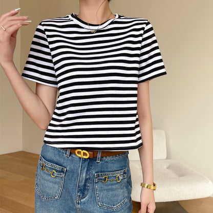Camiseta informal de verano para mujer, con rayas, cuello redondo y manga corta